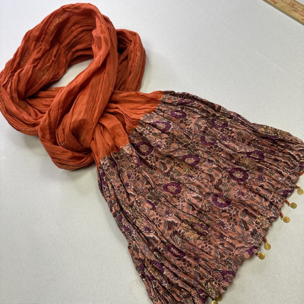 World Market Scarf Orange Floral Crinkle Gold Metallic Foil Coin Trim Boho